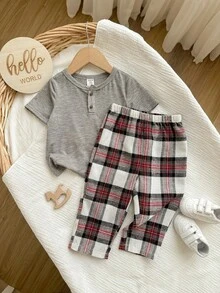 男婴休闲可爱针织灰色上衣和格子松紧腰裤家居服套装 - 灰色 - 查看 6