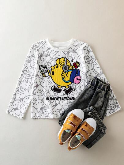 Mr Men Little Miss X SHEIN Young Girl Casual Cartoon Pattern Round Neck Long Sleeve T-Shirt, Autumn