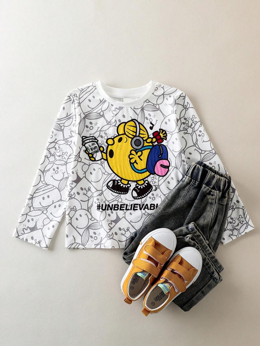 Mr Men Little Miss X SHEIN Young Girl Casual Cartoon Pattern Round Neck Long Sleeve T-Shirt, Autumn - White - View 1