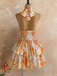 Soleia 度假风多色拼接花卉复古浪漫休闲褶皱扭结蝴蝶结露背收腰荷叶边A字连衣裙 - 彩色 - 查看 2