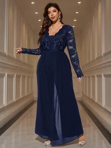 Gownix 大码女士优雅V领薄纱蕾丝阔腿连体裤，适合派对和宴会场合 - 藏蓝色 - 查看 4