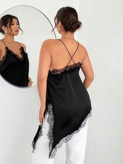 Firerie Camiseta de tirantes finos sexy con encaje asimétrico para mujer de talla grande