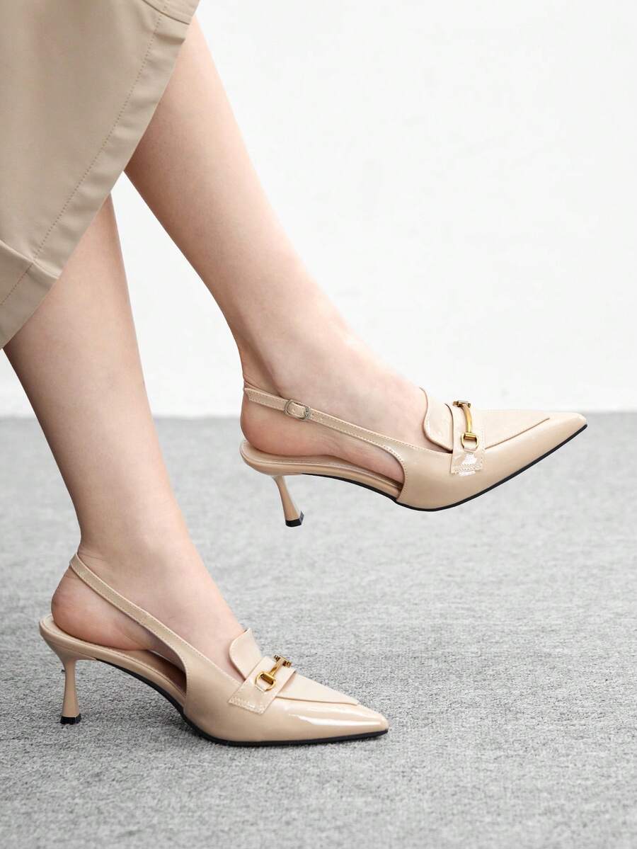 CUCCOO BIZCHIC Women's Fashionable Elegant Metal Decor Pointed Toe Pumps For Commuting - Beige - View 1