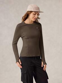 OutZeal 女士保暖内衬柔软圆领侧袋长袖棕色户外T恤，秋冬季日常休闲款