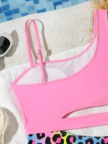 SHEIN Ragazze pre-adolescenti Abito con stampa leopardata e design asimmetrico sul collo e vita cava, di moda per vacanze, nuoto, spiaggia estiva - Rosa - Visualizzare 5