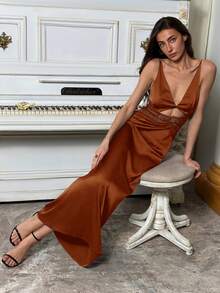 Aloruh Đầm dự tiệc thanh lịch, gợi cảm dành cho nữ, cổ chữ V sâu, hở lưng, khoét eo, phối ren. - màu nâu - Xem 7