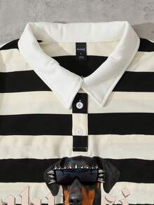 ROMWE MEN Street Life Camisa polo holgada con estampado de Doberman Pinscher y rayas para hombre - Multicolor - Ver 2