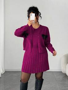 Elenzga Đầm không tay thanh lịch dành cho nữ kèm áo khoác cardigan dài tay, bộ đồ dệt kim dáng rộng cỡ lớn, trang phục áo khoác ngoài, bộ đồ mùa đông - Màu đỏ tím - Xem 4