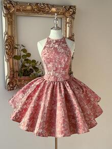 Lovelzi 优雅、浪漫、性感金色提花圆领露背系带腰身正式礼服 - 藕粉色 - 查看 5