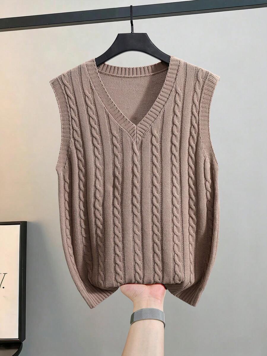 Manfinity Homme Chaleco de punto de unicolor con cuello en V casual y versátil para hombres - Caqui - Ver 1