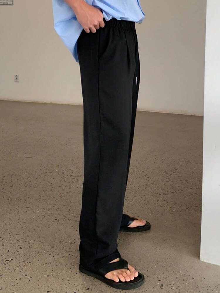 Men's Black Elastic Waist Straight Leg Suit Pants, Suitable For Commuting, Spring & Autumn
