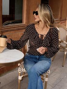 Pariaura Blouse en mousseline de soie à pois vintage pour femmes avec col en V volant, manches lanternes et nœud'] - Tabac - Voir 4