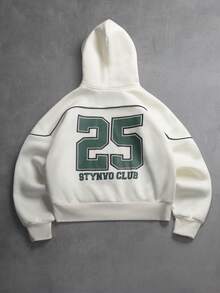 STYNVO 男士宽松落肩拉链休闲连帽卫衣，俱乐部短款拉链男士短款印花街头连帽衫，白色印花短款连帽衫，Y2K印花连帽卫衣，印花长袖上衣 - 白色 - 查看 1