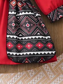 SHEIN Baby Girl Floral Retro Print Shawl Collar Casual Dress, Suitable For Daily, Vacation Wear, Spring/Autumn - Red - View 7