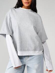 MISSGUIDED Camiseta de cuello redondo de manga larga con doble capa y mangas contrastantes, ropa casual de calle - Gris - Ver 3
