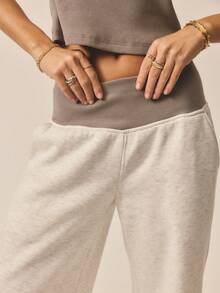 Aralina 女士低腰撞色罗纹宽腰带阔腿宽松运动裤，带口袋，灰色抓绒运动裤，舒适保暖日常休闲阔腿裤，可爱运动裤 - 灰色 - 查看 3