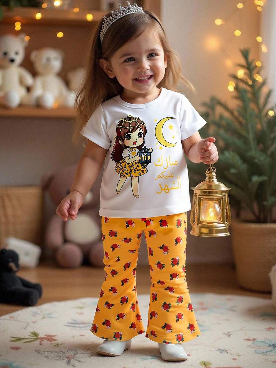 SHEIN 2件組女嬰可愛白色夏季卡通上衣與碎花喇叭褲,生日嬰兒阿拉伯風活潑優雅日常穿著套裝 - 白色 - 查看 1