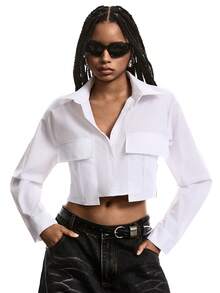 LYSMO Summer Outfits Flap Pocket White Button Front Crop Shirt - White - View 1