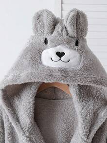 1pc Plus Size Women Gray Plush Hooded Robe With Bear Face And Ear Decor, Soft Knit Fabric With Embroidered Smiling Bear Face, Long Sleeve Full Length Jumpsuit Loungewear, Stretchy Knit Fabric Machine Washable Comfortable Fit Family Matching Outfits Mommy And Me (2 Sets Are Sold Separately), For Fall & Winter