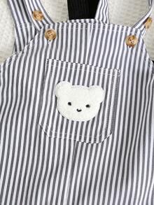 SHEIN 2件套可爱小熊条纹可调节肩带连体衣套装，男女宝宝通用，春夏款 - 黑色 - 查看 9