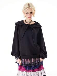 Bloopia Women's Woven Long Sleeve Regular Sweatshirt With Rabbit Ear Rivet Design, Loose, Fashion, Versatile, Cute Sweatshirt