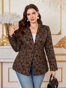SHEIN Clasi 大码女式花卉提花长袖单扣优雅西装外套，适合办公室穿着，春假工作上衣，优雅棕色西装外套，秋季款 - 棕色 - 查看 7