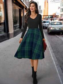 SHEIN Clasi Women's Elegant Red & Black Plaid Print A-Line Dress, Autumn/Winter Clothingelegantcasualgraphic - Dark Green - View 7