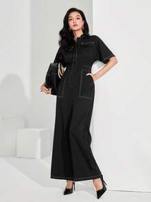 Heiryn 2026 Women's Short Sleeve Casual Jumpsuit With Lapel And Wide Leg, Spring/Summer - Black - View 1