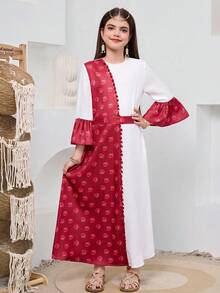 SHEIN Tween Girl's White And Red Vintage Rose Ditsy Floral Mixed Print Dress,Autumn Modest Party A-Line Dress With Golden Woven,Matching Family Vacation - Multicolor - View 4
