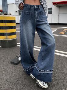 DAZY 女士做旧水洗阔腿牛仔裤，带口袋和撞色裤脚，适合春秋季的休闲街头风长裤，Y2K风格 - 藍色 - 查看 5