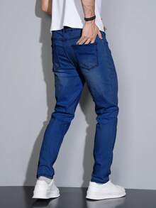 Manfinity Homme 加大码男士经典深蓝色修身复古休闲百搭牛仔裤 - 中等水洗藍 - 查看 2