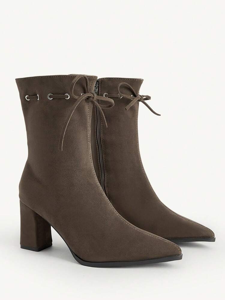CUCCOO CHICEST Women's Pointed Toe Chunky Heel Mid-Calf Boots, Bowknot Lace-Up Design, Elegant Commuter Style, Versatile Brown & Green Faux Suede, Suitable For Work, Dates, Afternoon Tea, Christmas, Spring