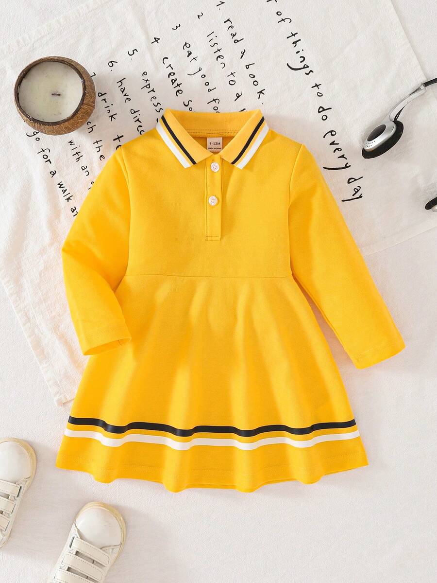 SHEIN Vestido de polo de manga larga con bloques de color para niñas bebé - Amarillo - Ver 1
