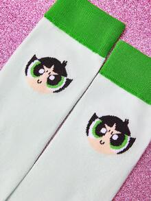 THE POWERPUFF GIRLS X SHEIN 1 par de calcetines azules para mujer con gráficos de dibujos animados y letras - Multicolor - Ver 3