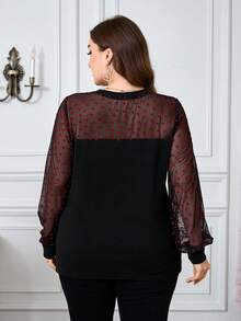 SHEIN Clasi 大码女式心形网纱拼接长袖时尚衬衫 - 黑色 - 查看 7