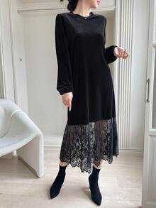 Dazy Tall Tall Women's Elegant Velvet & Mesh Patchwork Dress Maxi Dress - Black - View 6