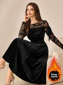 Modelyn Spitze Patchwork Samt elegantes Langarm Kleid, hochwertige formelle Robe für Frauen, Herbst/Winter