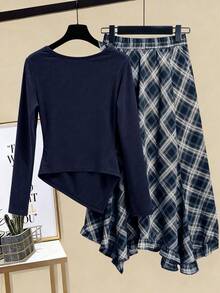 Franclia 大码女士针织长袖上衣和格子裙套装，学院风穿搭，适合年轻女士通勤或约会，显瘦两件套。女士格子裙，格子两件套，女士格子裙套装，两件套女士套装，裙子 - 藏蓝色 - 查看 2