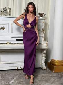 Aloruh 优雅纯色撞色蕾丝露腰无袖连衣裙，休闲及派对皆宜 - 紫色 - 查看 3