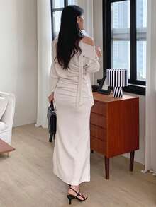 DAZY 女士不对称肩部修身中长连衣裙/吊带裙 - 杏色 - 查看 5
