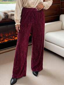 SHEIN LUNE 大码女式红色系带宽松阔腿休闲裤，适合感恩节穿着 - 紅色 - 查看 1