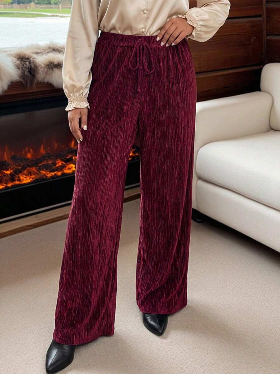 SHEIN LUNE 大码女式红色系带宽松阔腿休闲裤，适合感恩节穿着 - 紅色 - 查看 1