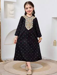 SHEIN Váy đen in họa tiết hình học, đính sequin và trang trí cho bé gái - màu đen - Xem 5