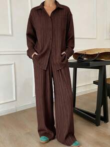 Livesso Brown Textured Pleated Striped Long Sleeve Shirt And Straight Leg Casual Pants 2 Pieces Suit Set, Loose Fit Business Casual Vacation Office Wear, Suitable For Autumn, Spring, Summer - Brown - View 8