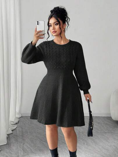 Elenzga Women's Elegant & Fashionable Long Sleeve Loose Fit Plus Size Sweater Dress, Suitable For Outings And Wedding Guests, Autumn/Winter Plus Size Black Elegant Dress Plus Size Winter Dresses Long Sleeve Dress Plus Knit Dresses For Women