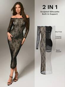 Nuvra Robe de maintien à manches longues et décolleté profond avec double couche et doublure. Robe galbante et sculptante pour la taille et les fesses, longueur intégrale - Noir - Voir 4