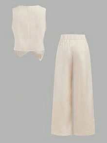 Firerie Kids 少女休闲纯色无袖夏季纽扣不对称上衣和宽松铅笔裤两件套，米色，返校季，法式优雅，时尚通勤装 - 杏色 - 查看 2