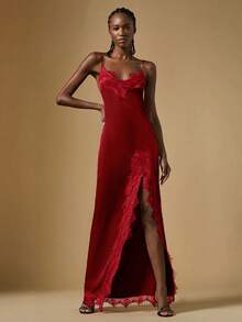 Briarwyn 女士露肩吊带黑色蕾丝拼接高开衩连衣裙 - 紅色 - 查看 5