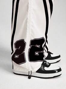 ROMWE MEN Street Life Men's Letter & Striped Print Drawstring Waist Pocket Casual Pants - White - View 4