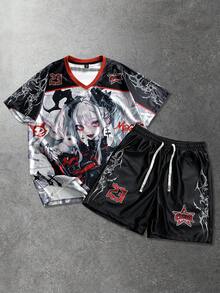 ROMWE MEN Men's Casual Street American Comic Girl Print T-Shirt And Drawstring Waist Shorts Set - Grey - View 1